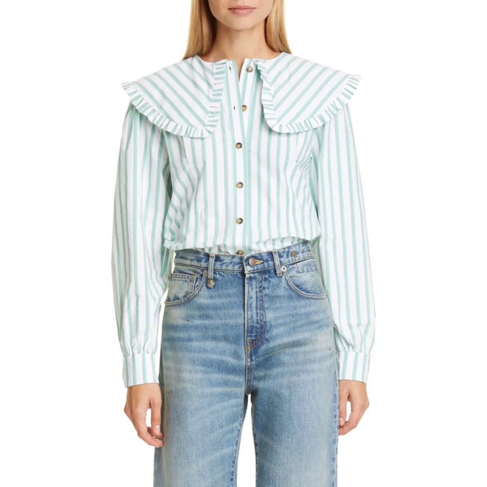 Ganni Ruffle Cotton Poplin Shirt in Green Stripe